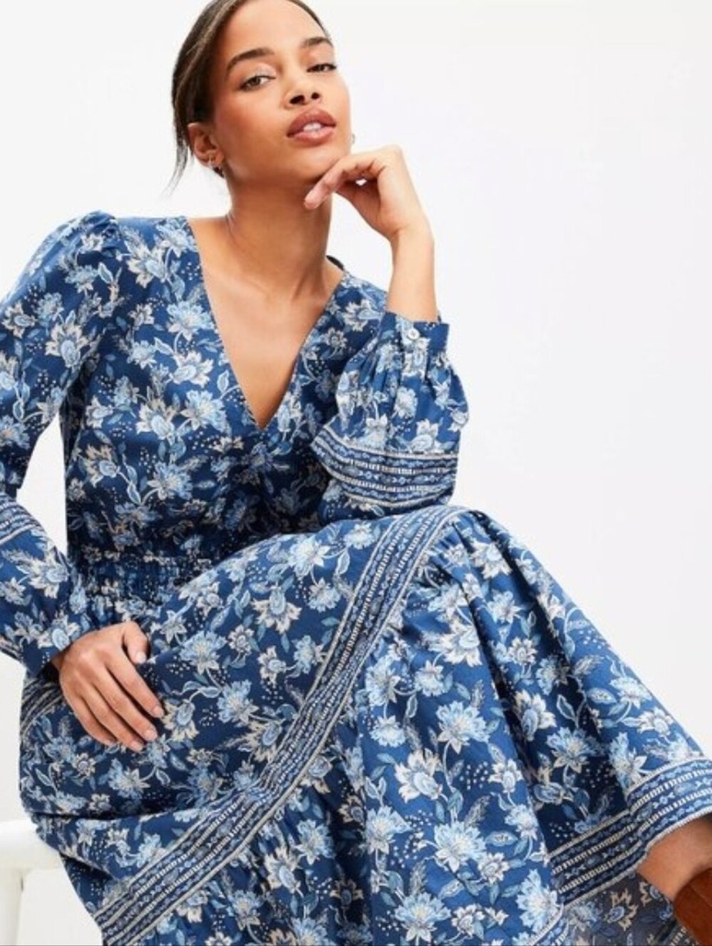 Loft Petite Floral Smocked Tie Waist Midi Dress Blue